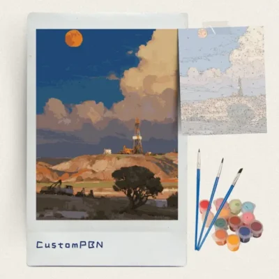 Moon and oil derrick paint by numbers kit with canvas, three brushes, paints and reference sheet