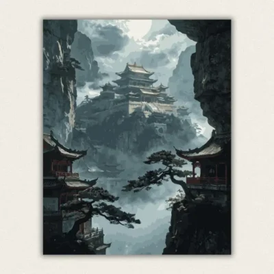 Moonlit palace pavilions on a cliff above a sea of cloud paint by numbers finished canvas