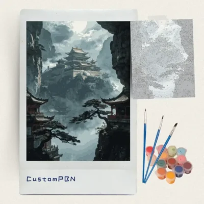 Moonlit cliff palace paint by numbers kit with canvas, three brushes, paints and reference sheet