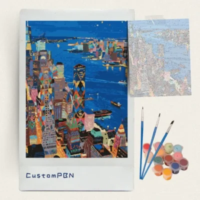 Mosaic colourful skyline paint by numbers kit with canvas, three brushes, paints and reference sheet