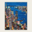 Bright mosaic style city skyline at night with colourful towers and a river full of boats paint by numbers finished canvas