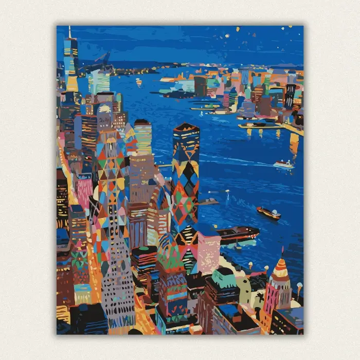 Bright mosaic style city skyline at night with colourful towers and a river full of boats paint by numbers finished canvas