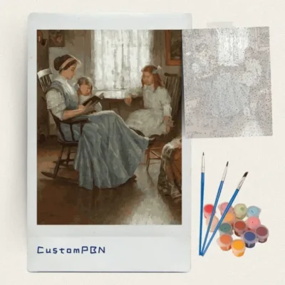 Mother reading to children paint by numbers kit with canvas, three brushes, paints and reference sheet