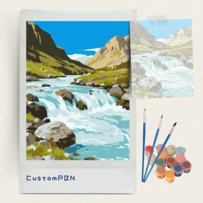 Mountain river travel poster paint by numbers kit with canvas, three brushes, paints and reference sheet
