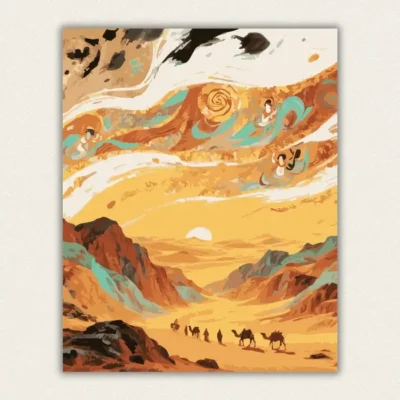 Warm sunset desert landscape with camels and flying apsaras paint by numbers canvas