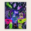 Neon blacklight Halloween party with glowing skeletons and a BOO sign paint by numbers finished canvas