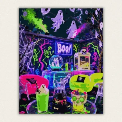 Neon blacklight Halloween party with glowing skeletons and a BOO sign paint by numbers finished canvas