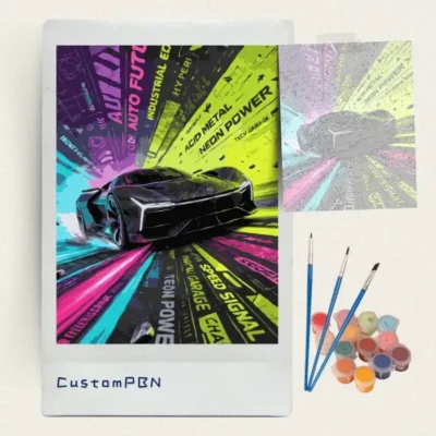 Neon concept car paint by numbers kit with canvas, three brushes, paints and reference sheet