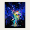 Neon glowing flower bouquet bursting against a dark blue digital data background paint by numbers finished canvas