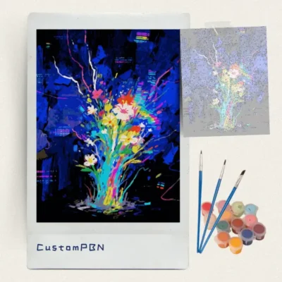 Neon digital flower paint by numbers kit with canvas, three brushes, paints and reference sheet