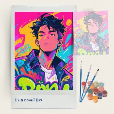 Neon graffiti portrait paint by numbers kit with canvas, three brushes, paints and reference sheet
