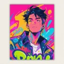 Neon graffiti style portrait of a young man in pink and yellow paint by numbers finished canvas