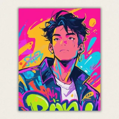 Neon graffiti style portrait of a young man in pink and yellow paint by numbers finished canvas