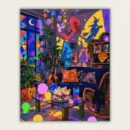 Neon lit Halloween living room with stained glass witch projections and glowing orbs paint by numbers finished canvas