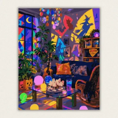 Neon lit Halloween living room with stained glass witch projections and glowing orbs paint by numbers finished canvas