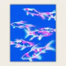 Neon koi fish in magenta, cyan and white on an electric blue background paint by numbers finished canvas