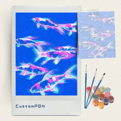 Neon koi paint by numbers kit with canvas, three brushes, paints and reference sheet