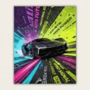 Black concept sports car on a neon grid with acid green and magenta type panels paint by numbers finished canvas