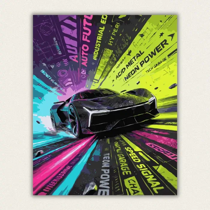 Black concept sports car on a neon grid with acid green and magenta type panels paint by numbers finished canvas