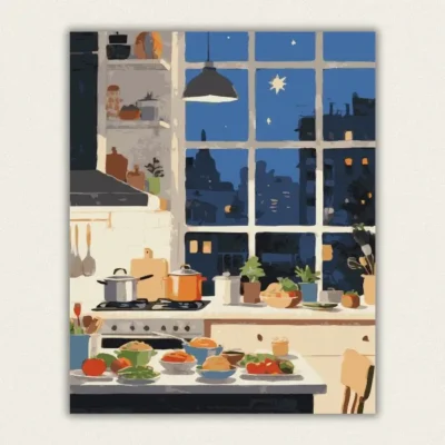 Kitchen at night with a city skyline in the window paint by numbers finished canvas