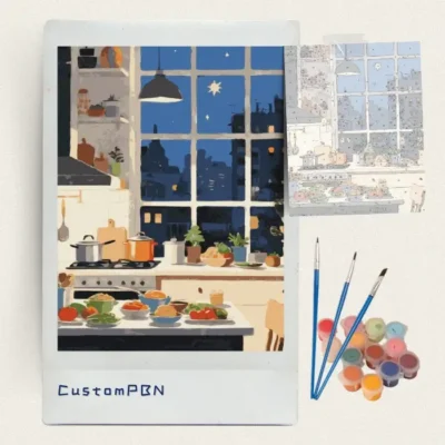 Night kitchen with a city window paint by numbers kit with brushes and paints