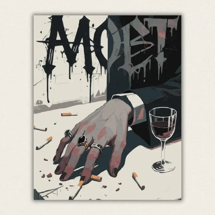 Noir illustration of a hand with rings beside a glass of red wine on a cluttered table paint by numbers finished canvas