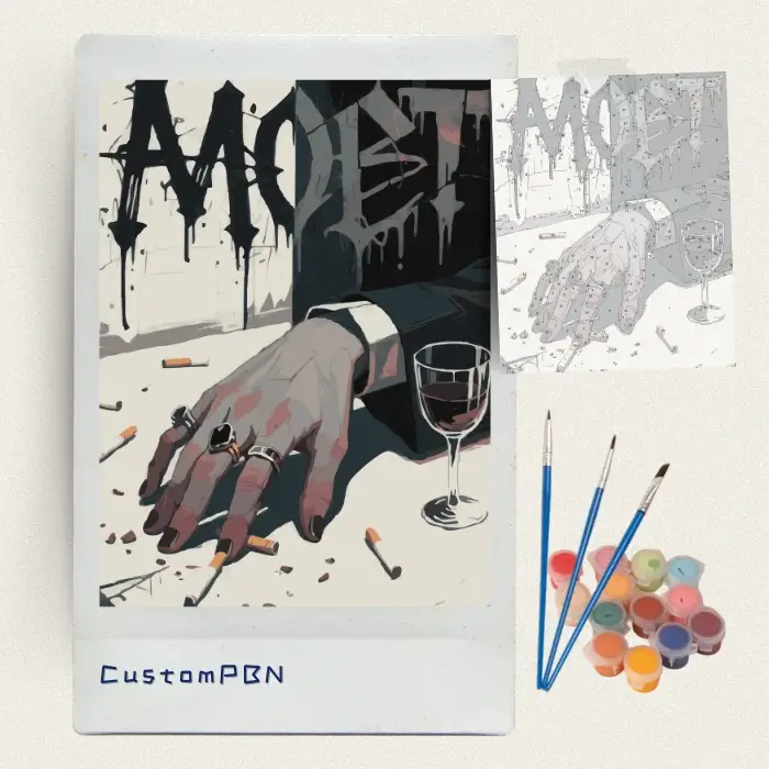 Noir hand and wine glass paint by numbers kit with canvas, three brushes, paints and reference sheet