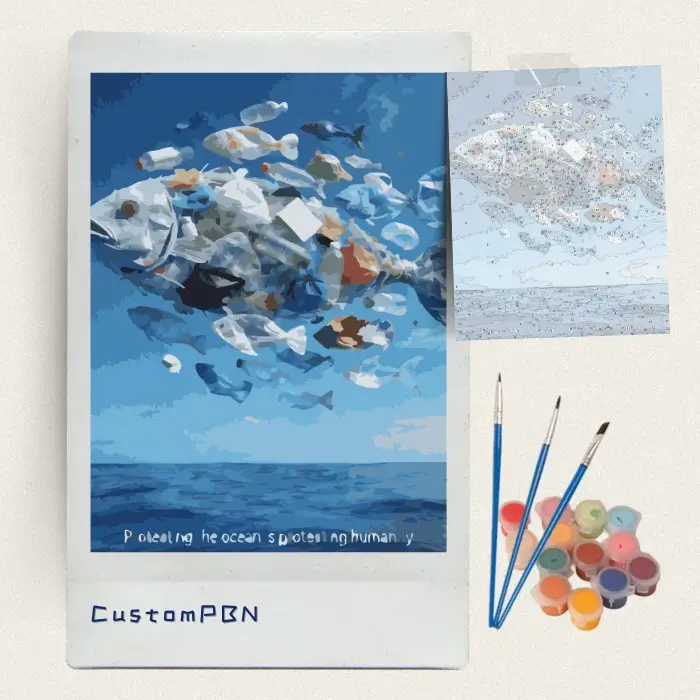 Ocean protection fish and plastic waste paint by numbers kit with canvas, three brushes, paints and reference sheet