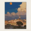 Orange moon and a red oil derrick under towering pink clouds paint by numbers finished canvas