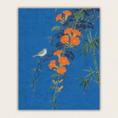 Orange trumpet vine and white bird paint by numbers kit for adults, proudly made in USA with fast shipping.