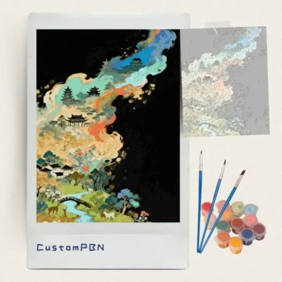 Oriental fantasy landscape paint by numbers kit with canvas, three brushes, paints and reference sheet