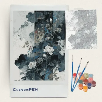 Oriental peony paint by numbers kit with canvas, three brushes, paints and reference sheet