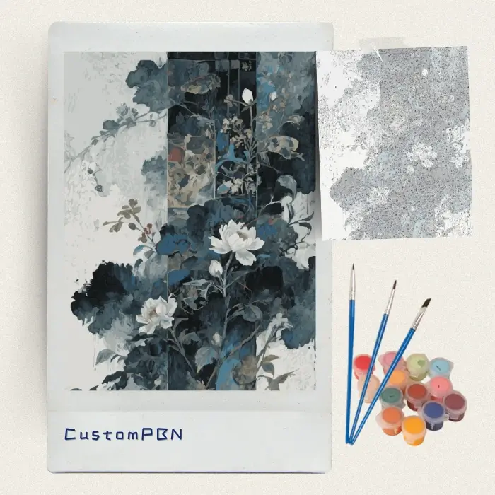 Oriental peony paint by numbers kit with canvas, three brushes, paints and reference sheet