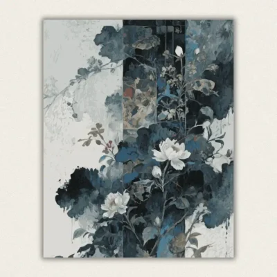 Oriental painting of white peonies with deep blue ink foliage and decorative panels paint by numbers finished canvas