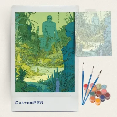 Overgrown garden with colossal statue paint by numbers kit with canvas, three brushes, paints and reference sheet