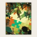 Overhead view of young people facing off on a giant puzzle floor paint by numbers finished canvas