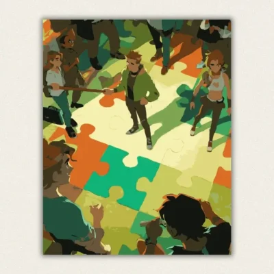 Overhead view of young people facing off on a giant puzzle floor paint by numbers finished canvas