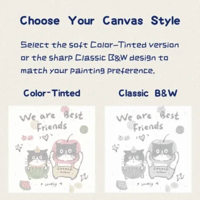 Compare Color-Tinted vs Classic B&W canvas options for the 8x8 mini paint by numbers best friends cat kit