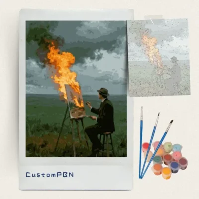 Painter with a burning canvas paint by numbers kit with canvas, three brushes, paints and reference sheet