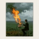 Man in a suit painting at an easel while the canvas itself burns in a green field paint by numbers finished canvas