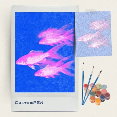 Pale pink fish on blue paint by numbers kit with canvas, three brushes, paints and reference sheet