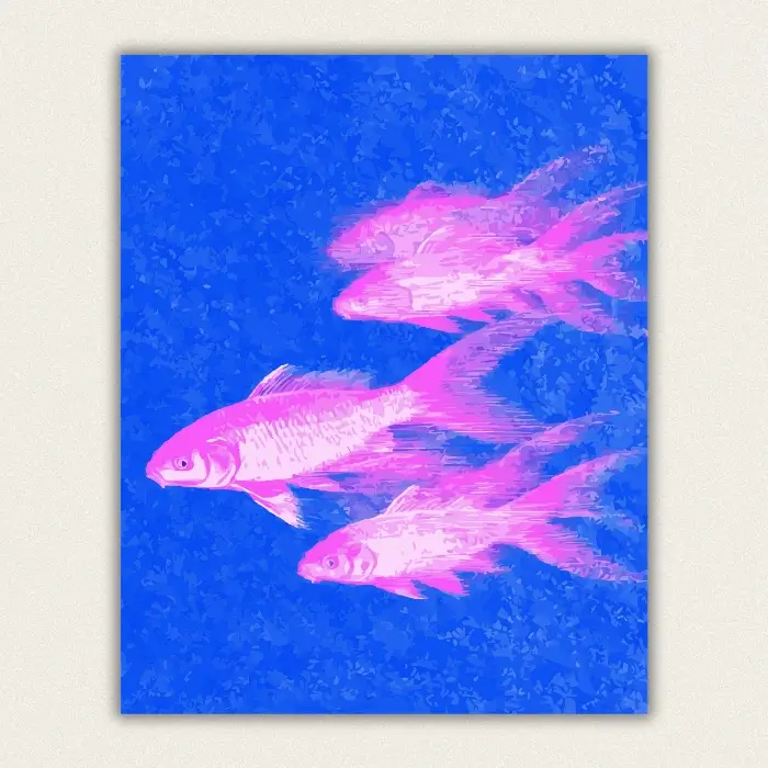 Pale pink and white fish swimming across dotted electric blue water paint by numbers finished canvas