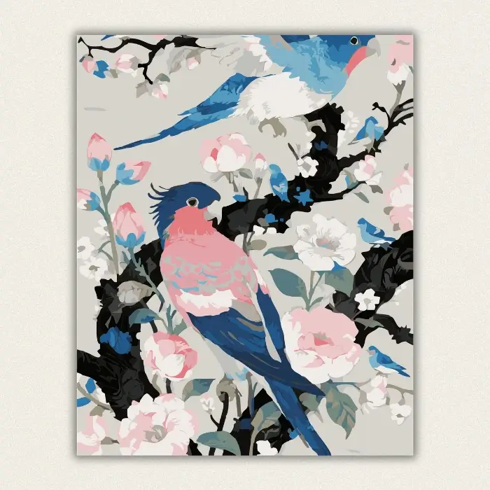 Pastel birds and black blossom paint by numbers kit for adults, proudly made in USA with fast shipping.