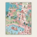 Pastel pink lagoon riverside village paint by numbers kit for adults, made in USA with fast shipping.