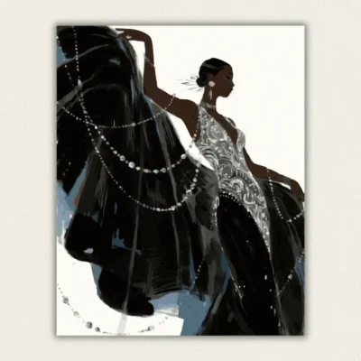 Woman draped in pearls wearing a silver gown paint by numbers finished canvas