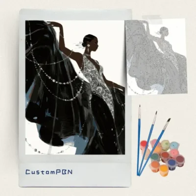 Woman in a silver gown with pearls paint by numbers kit with brushes and paints