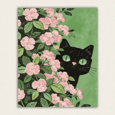 Peeking black cat among pink blossom paint by numbers finished canvas