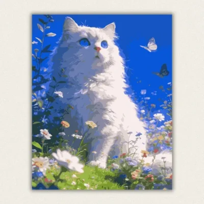 White Persian cat with blue eyes in a flowering garden paint by numbers finished canvas