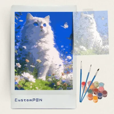 White Persian cat in a garden paint by numbers kit with brushes, paints and canvas