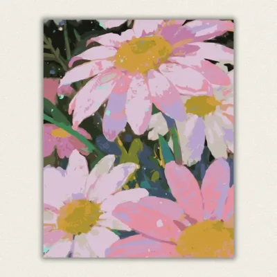 Pink and cream daisies in close up paint by numbers finished canvas